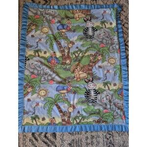 Vintage Blue Satin Trim Jungle Animal Scene Baby Crib Blanket 37x44